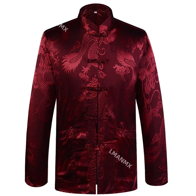 

Chinese Traditional Men's Satin Mandarin Collar Dragon Silk Tang Suit Clothing Kung Fu Jacket Coat