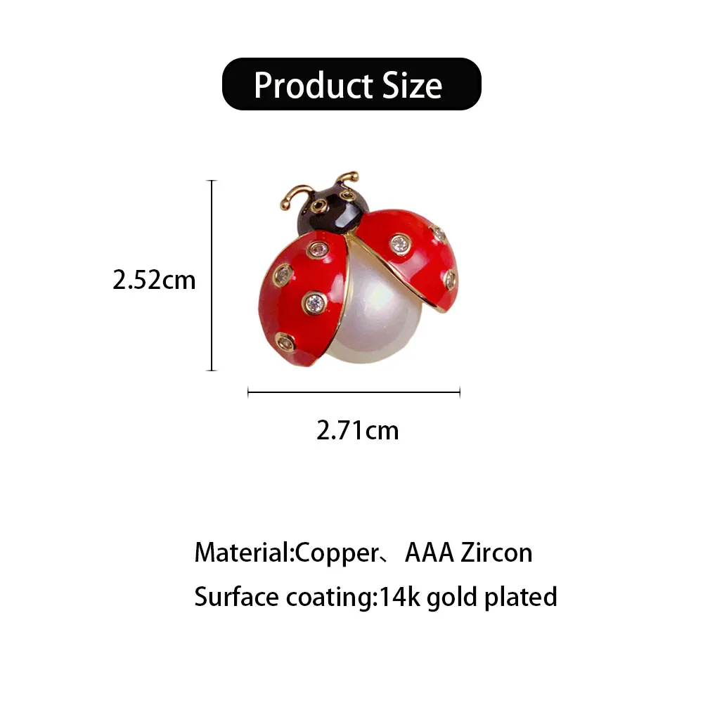 Exquisite Luxurious Zircon Pearl 14k Gold Plating  Ladybug Copper Brooch Pin Charm Insect Fashion Jewelry