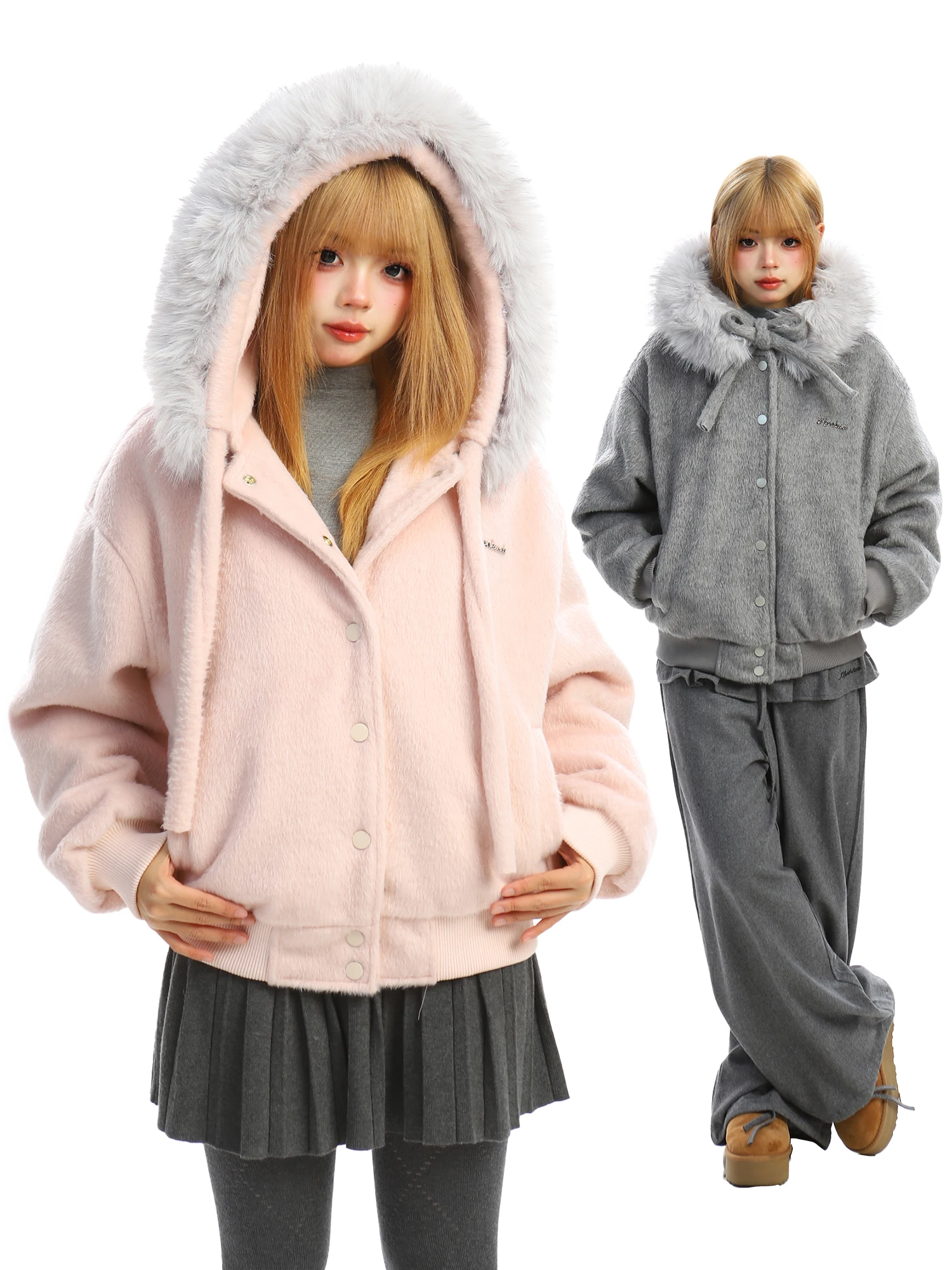 

Зимняя женская куртка BearGirl из корейского замшевого вельвета с отстегивающимся меховым воротником и капюшоном, теплая, модная, хлопковая