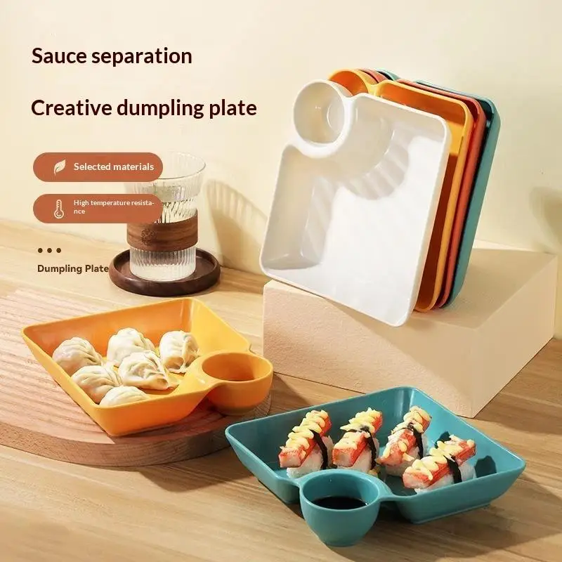 4Pcs Dumpling Plates with Integrated Sauce Compartments BPA Free Food Grade for Home Sushi Snacks Daily Use