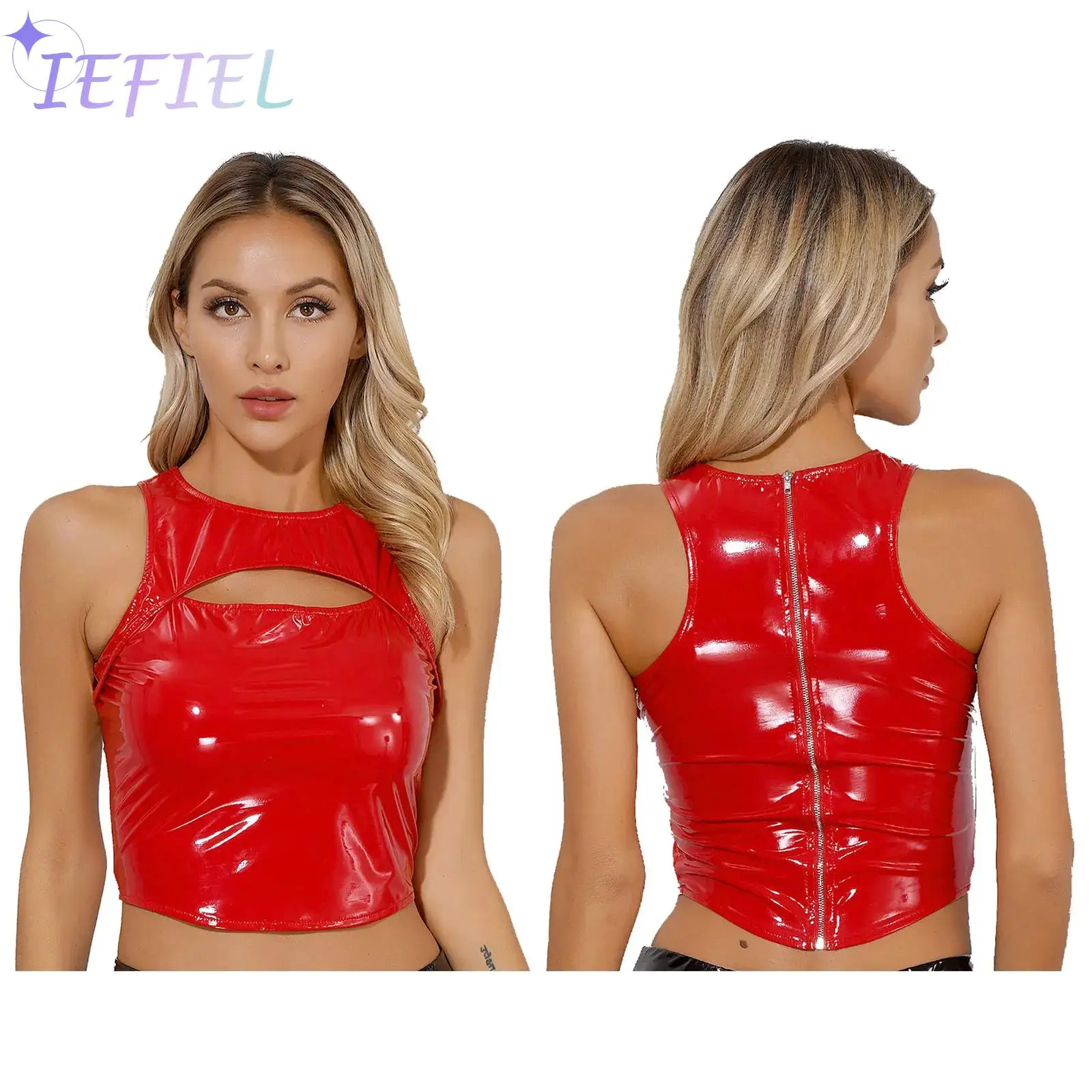 

Women Girl Skinny Hollow Out Vest Crop Top Sleeveless Back Zipper Latex Camisole Tanks for Clubwear Dating Night Perfomance