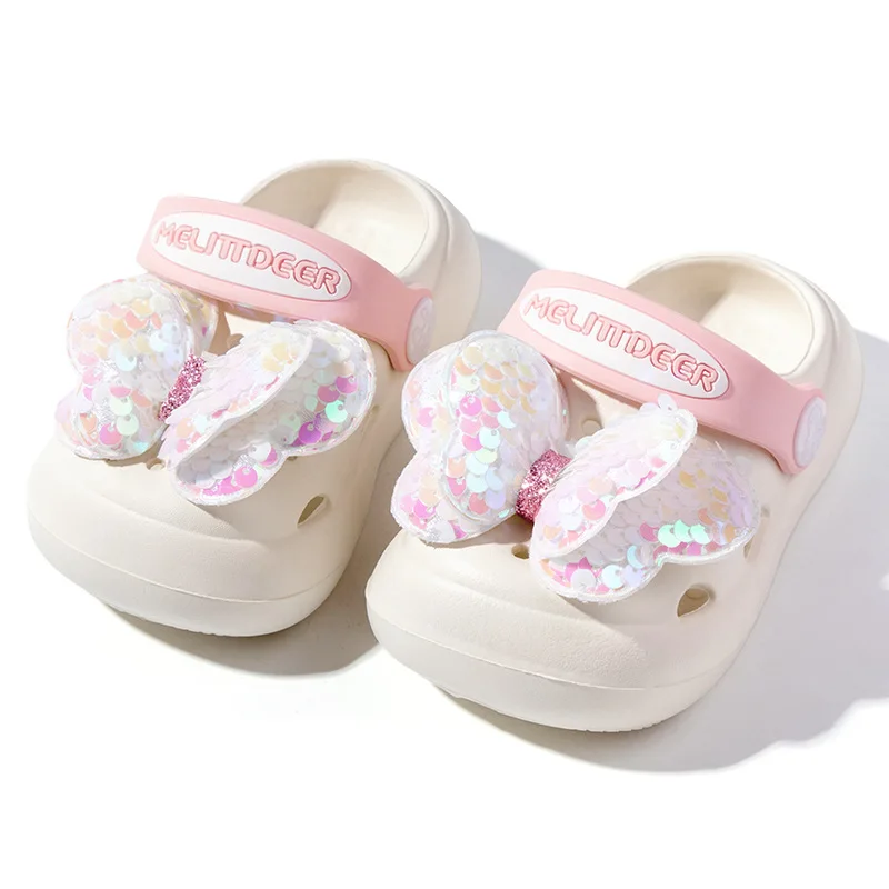 Summer New 3-6 Years Old Children Slippers Cute Cartoon Hole Shoes Girls Sequin Breathable Hollow Sandals