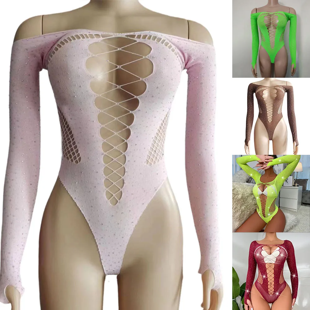 

1x женское сексуальное женское белье в сеточку со стразами и длинными рукавами, боди, облегающее клубное праздничное белье