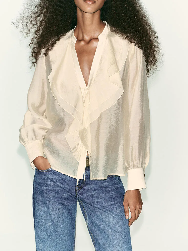 New Autumn 2025 Women's irt V-ne Long Sve Decorative Knot Casual Loose Fit Breathable Skin-friendly