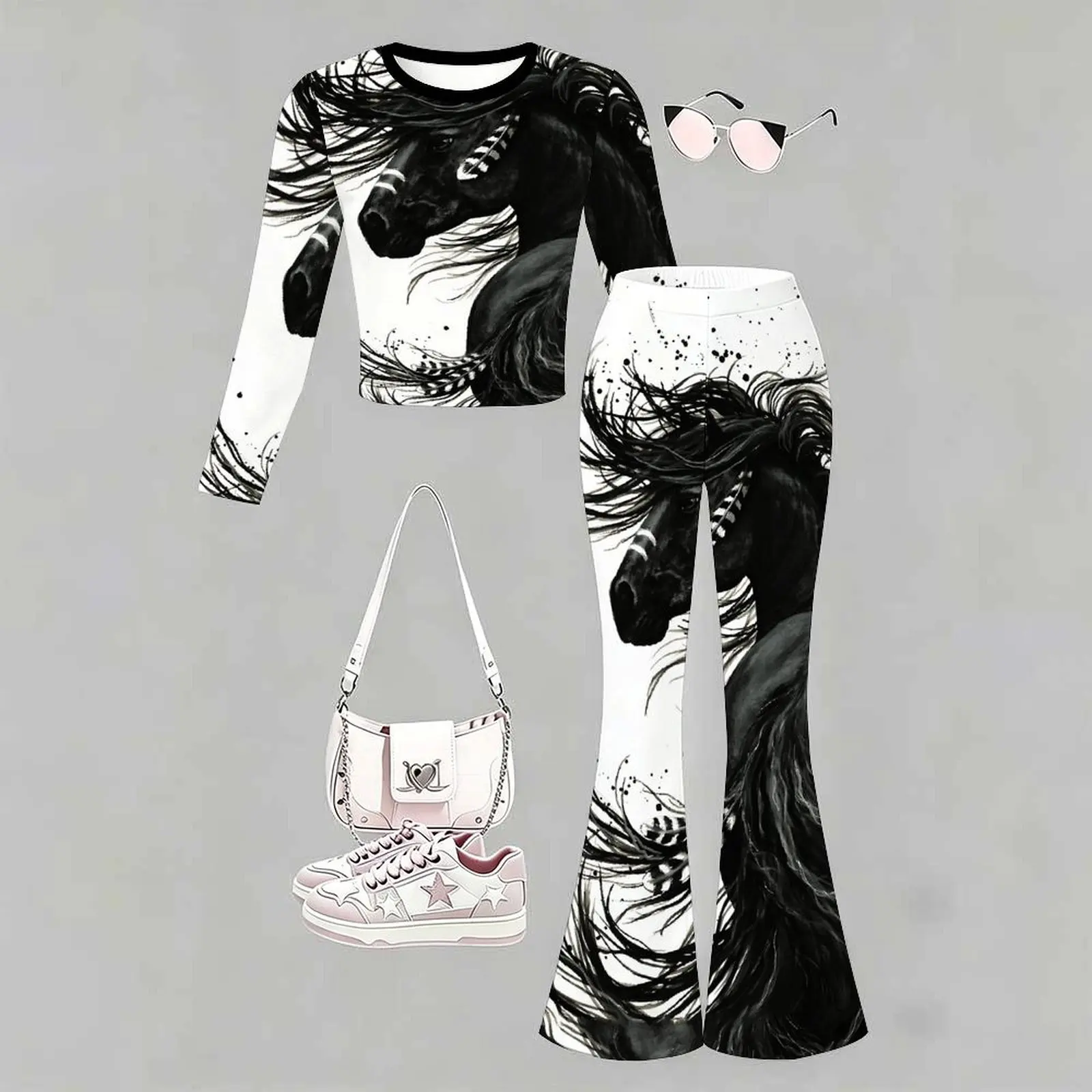 Slim Two-piece Set Fashion Bell-bottomed Pants Children's Casual Pants Autumn Winter Girls' Trendy T-shirt Jogging Pants