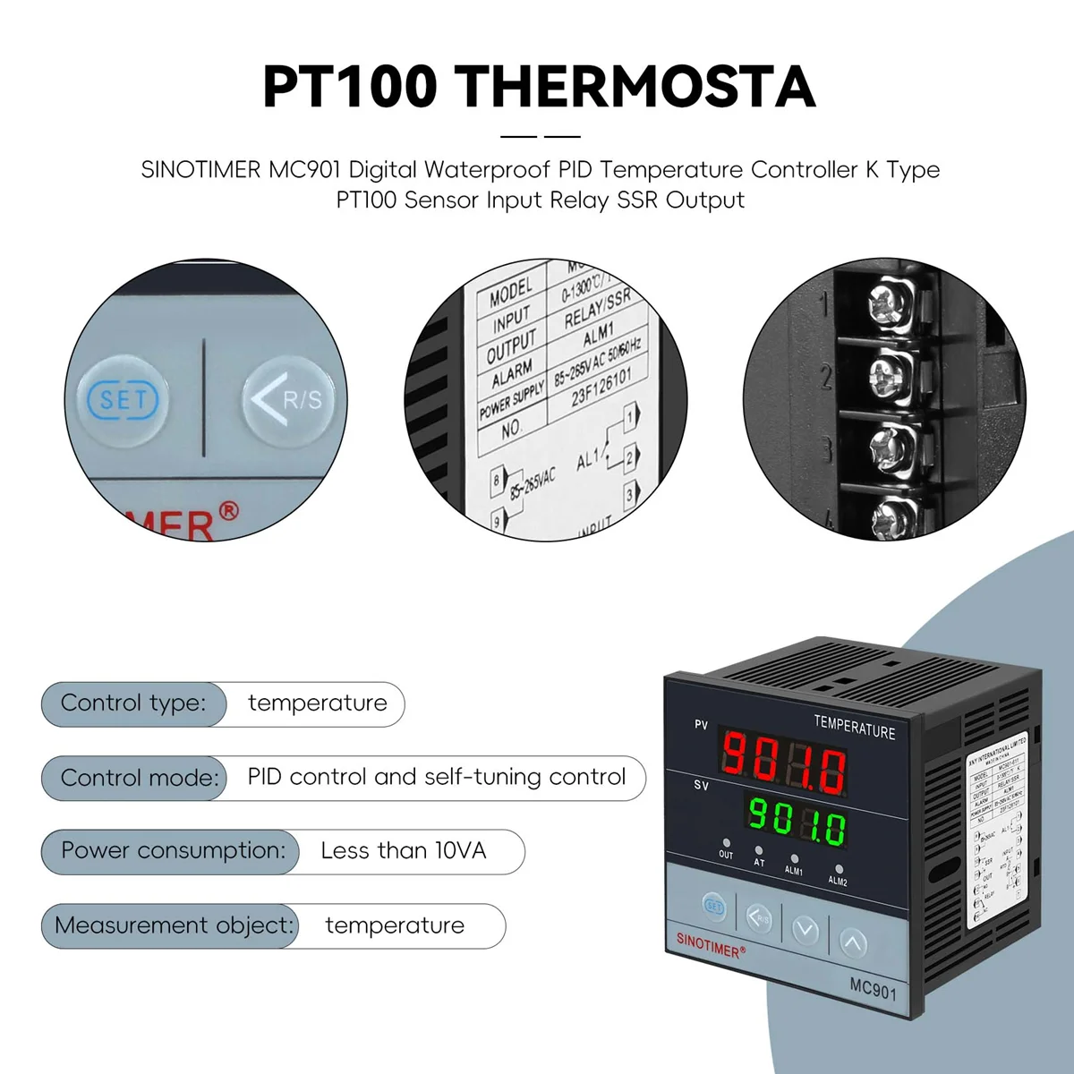 SINOTIMER MC901 Digital Waterproof PID Temperature Controller K Type PT100 Sensor Input Relay SSR Output