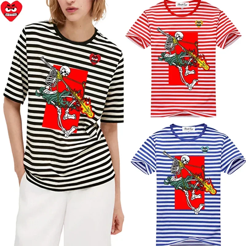 Break Egg Women Striped T-shirt Cotton Cartoon Cute Teeth Embroidery Skeleton Bow Arrow Print Short Sleeve O-neck Summer T-shirt