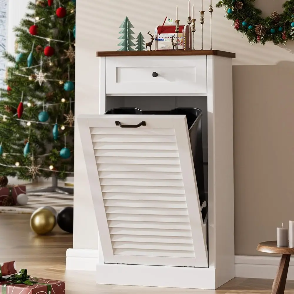 

White 13 Gallon Laundry Hamper Cabinet with Louvered Door and Hidden Drawers for Kitchen & Living Room