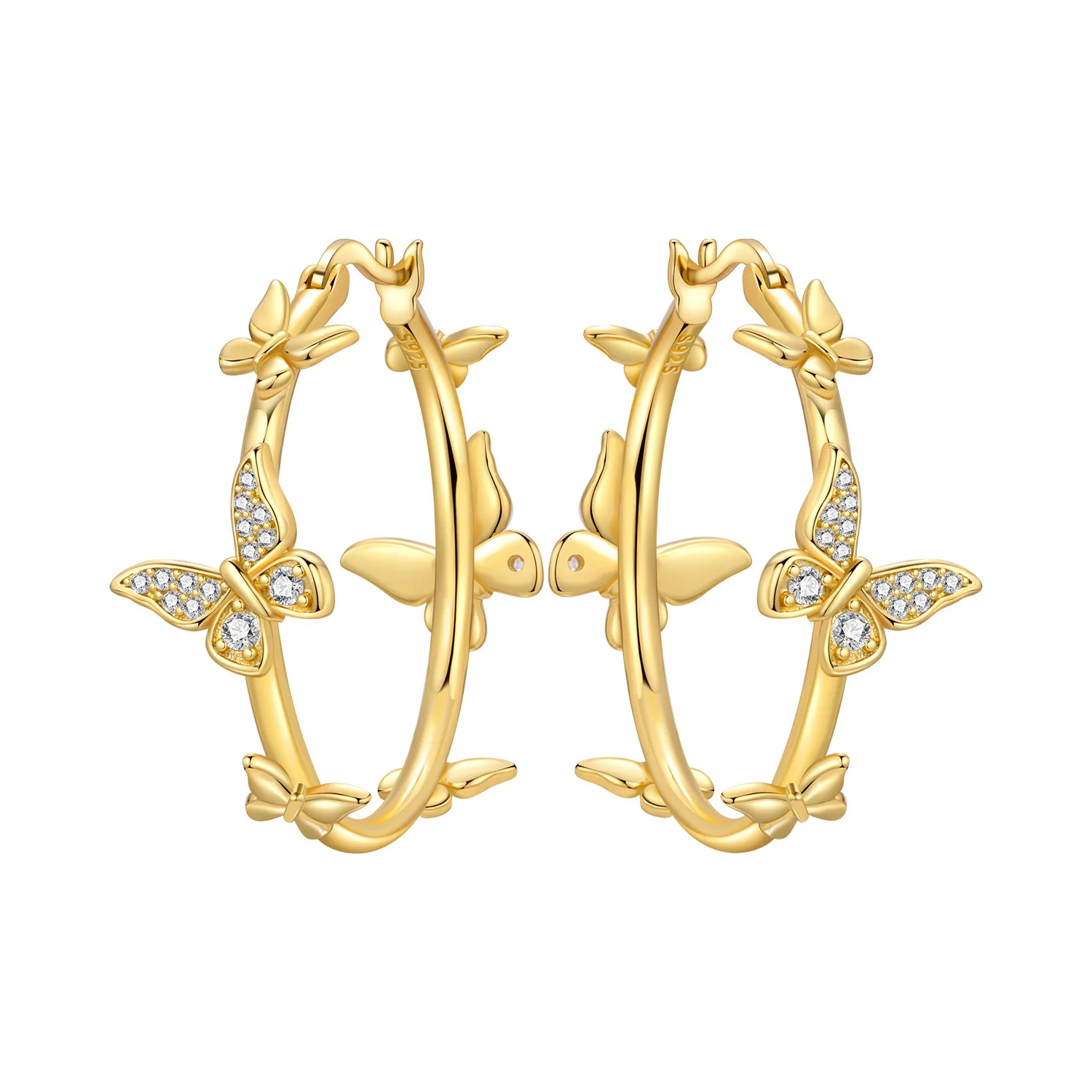 CYCUFF S925 Sterling Silber Goldene Schmetterlings-Ohrringe, Creolen für Damen, Original-Partyschmuck, Trendiges Jubiläumsgeschenk