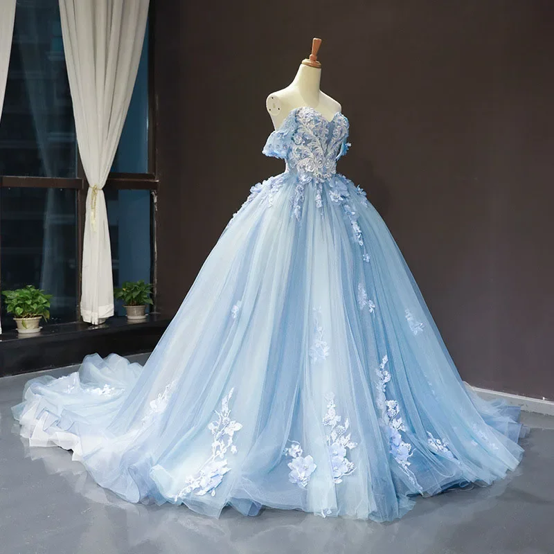 Sweet and Elegant Colorful Yarn New Fluffy Dress Light Blue Off Shoulder Trailer Dress  Evening Dress Wedding Dresses for Women