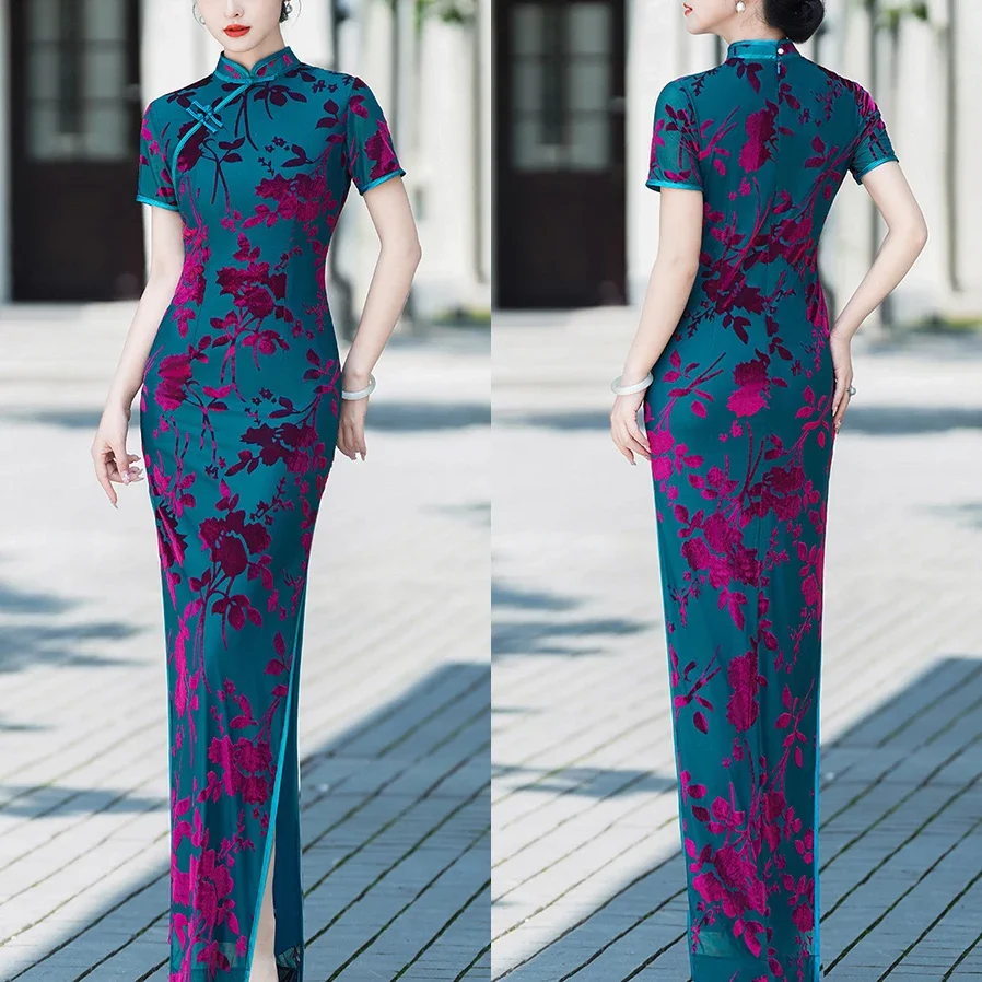 

Элегантное женское длинное платье-ципао для Китайского Нового года, винтажное улучшенное китайское платье, сценический костюм, сексуальное облегающее платье