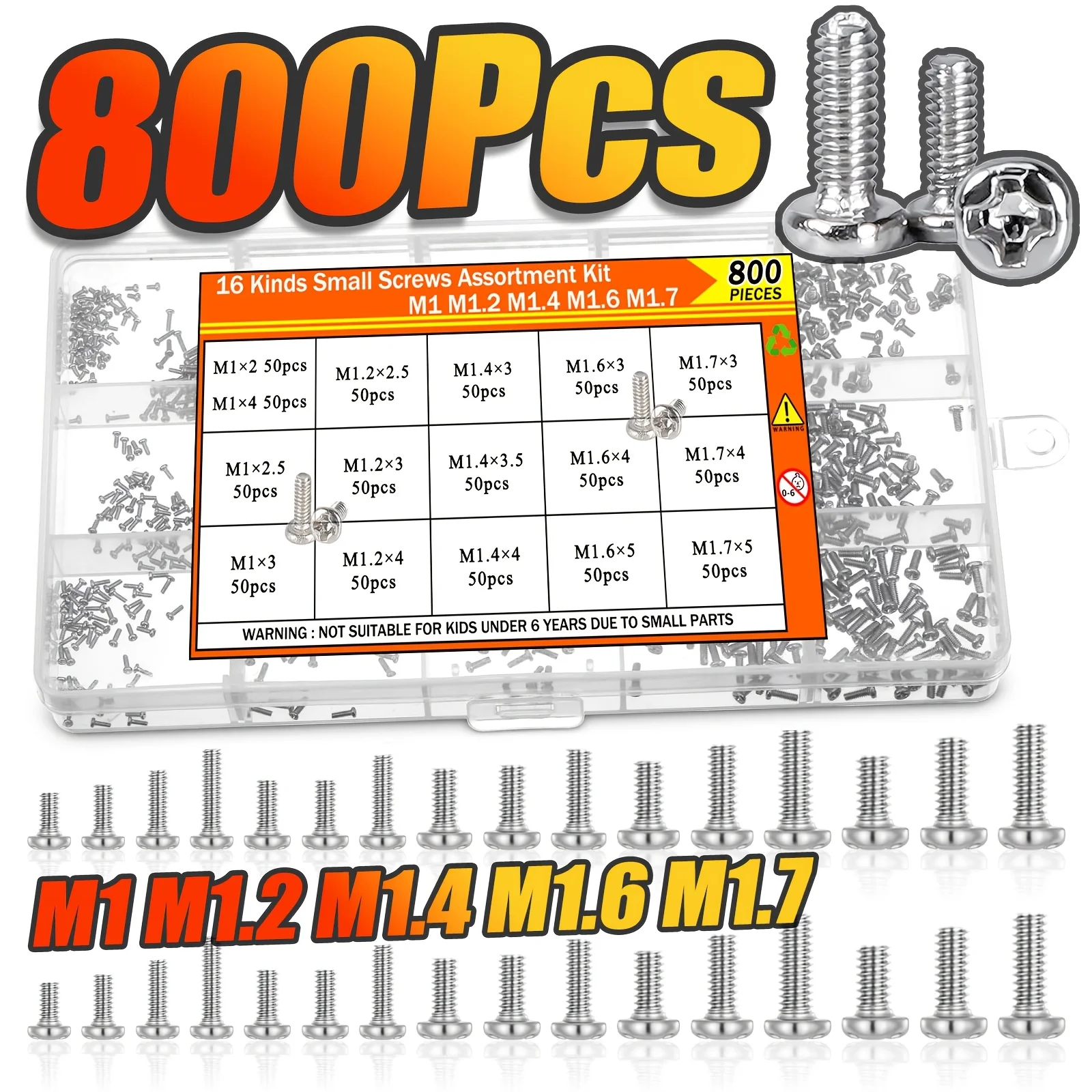 800-teiliges Set winziger Elektronikschrauben, M1–M1,7 Phillips-Flachkopf-Mikroschrauben für die Reparatur von Telefonen, Laptops, Uhren, Brillen und Elektronik