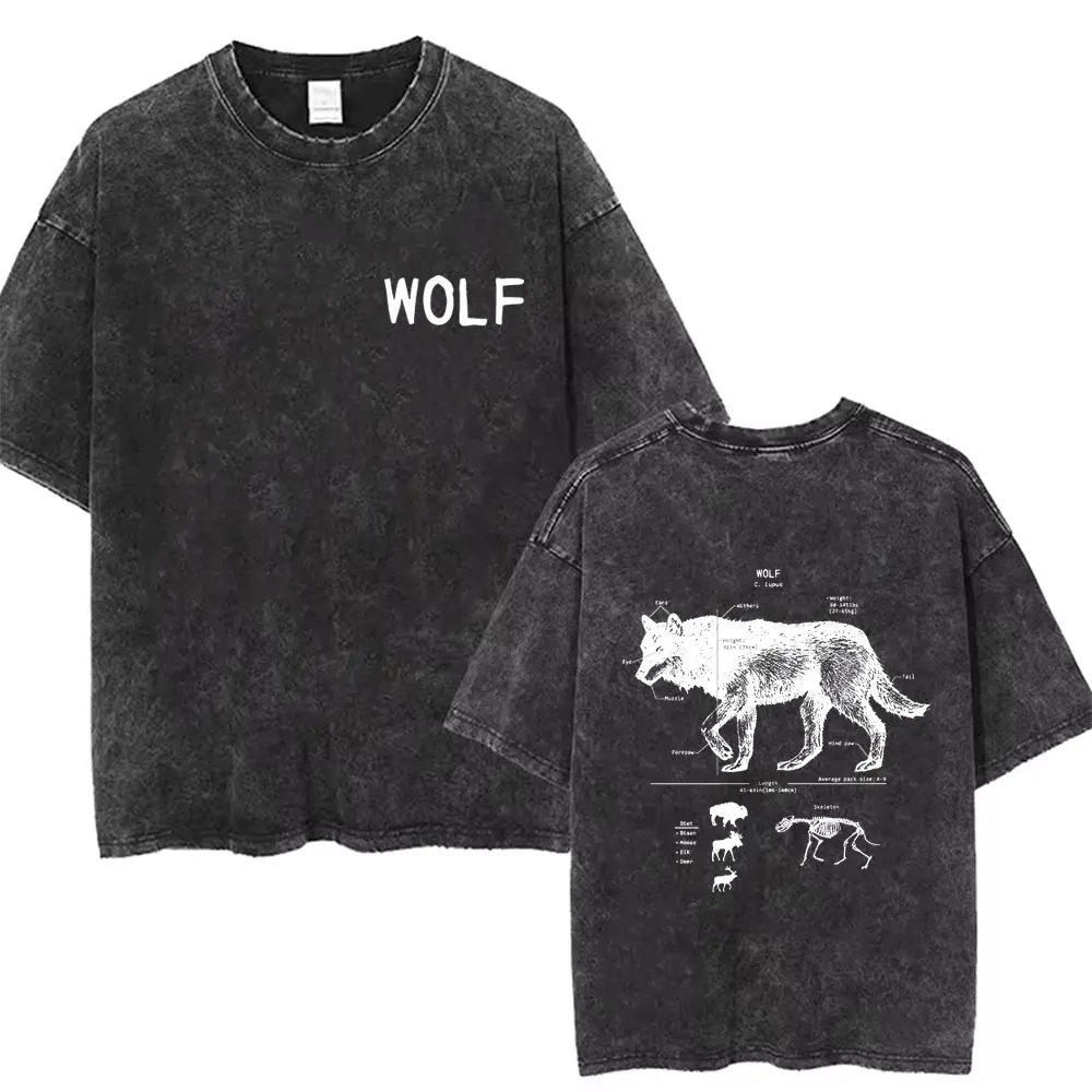 

Funny Wolf Anatomy Vintage Washed T-shirt Men Women Casual Oversized Short Sleeve Male Fashion Streetwear Unisex Crewneck Tshirt