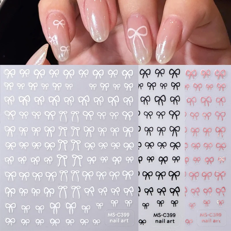 Autocollants pour Nail Art avec nœud de ruban 3D blanc brillant, décalcomanies de décoration de manucure à faire soi-même pour la conception créative des ongles