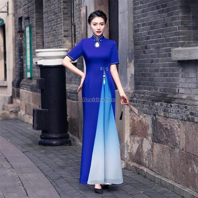 2024 chinese style short sleeve stand collar cheongsam new dance costume vietnam aodai two-layer design long loose dress b146