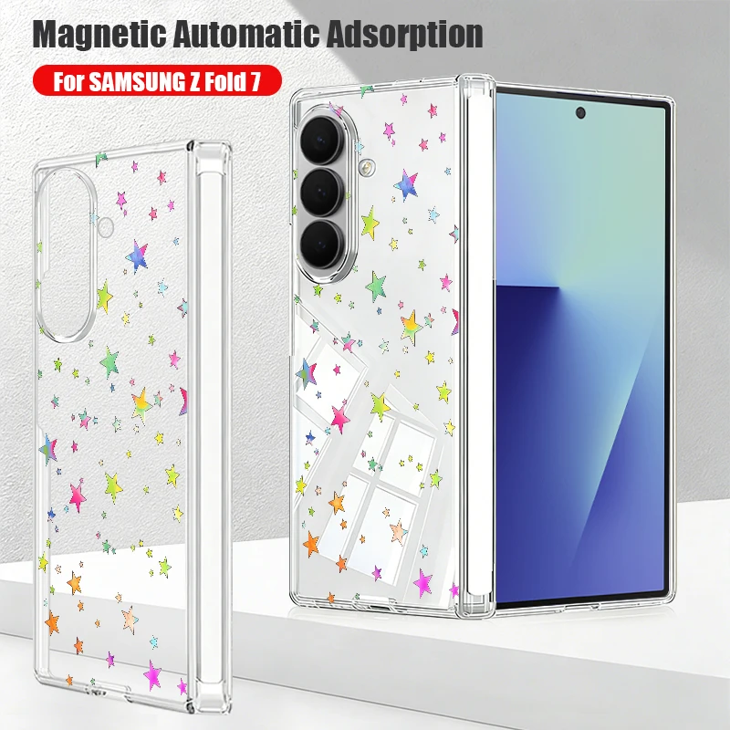 Magnetic Auto Adsorption Phone Case For Samsung Galaxy Z Fold 8 Ultra 7 6 5 Fold7 Fold6 5G Colorful Five-point Stars Hard Cover