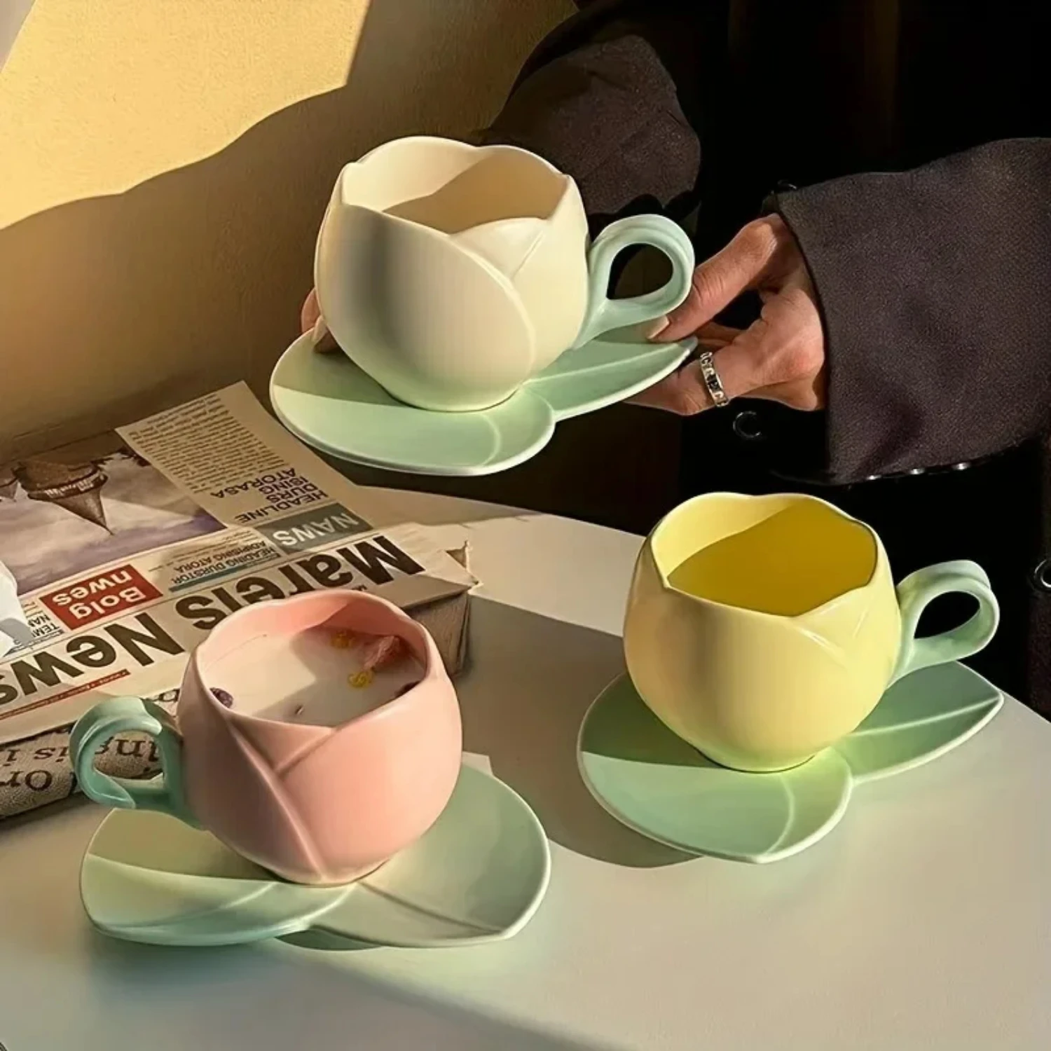 Lovely flower-shaped ceramic coffee cups and saucers for a charming morning coffee experience, stunning tulip cups and saucers t