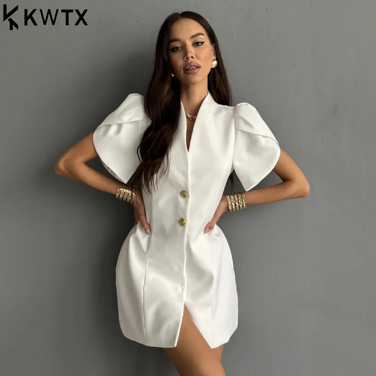 

KWTX Holiday Blazer Mini Dress Bubble Sleeves Waist Tie Elegant Office Party Minimalist Chic High Quality Stretchy Casual Wear