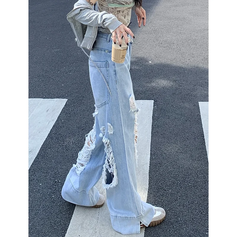 Blue Women's Jeans Worn-out High Waisted Solid Pants Vintage Straight Oversized Fashion 2023 Autumn Bottoms NEW Wide Leg Trouser