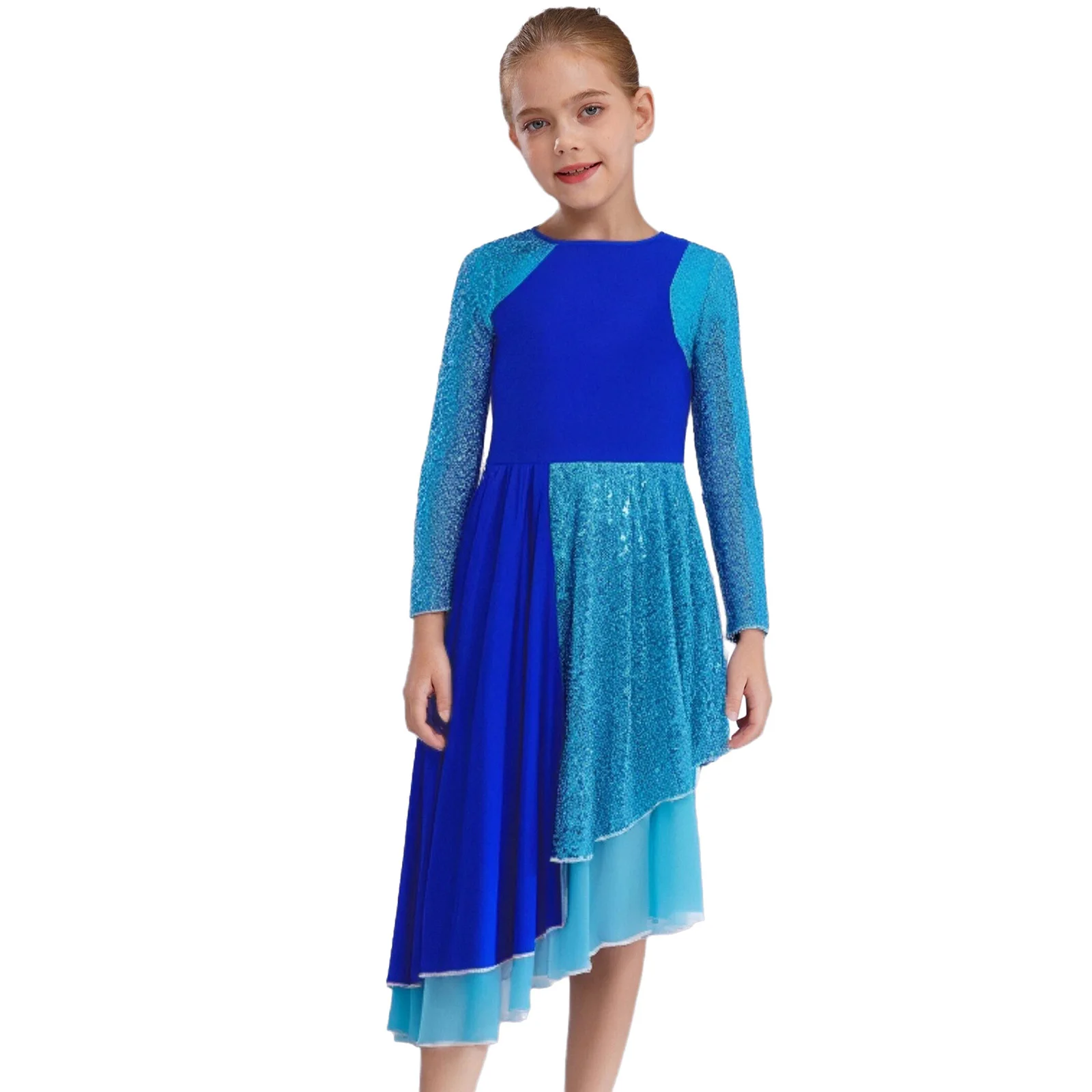 Kinder Mädchen Pailletten Farbblock Lobpreis Tanzkleid Lange Ärmel Asymmetrische Anbetungsrobe Liturgische Lyrische Kirche Tanzkleidung
