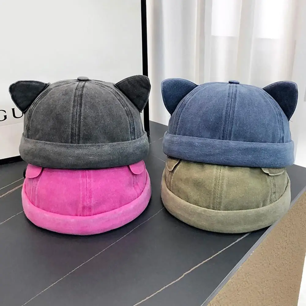 لطيف آذان القط دوكر قبعة Brimless قبعة شخصية الدنيم بلون المالك قبعة الرجعية غسلها الهيب هوب Skullcap للجنسين قبعة صغيرة قبعة #2