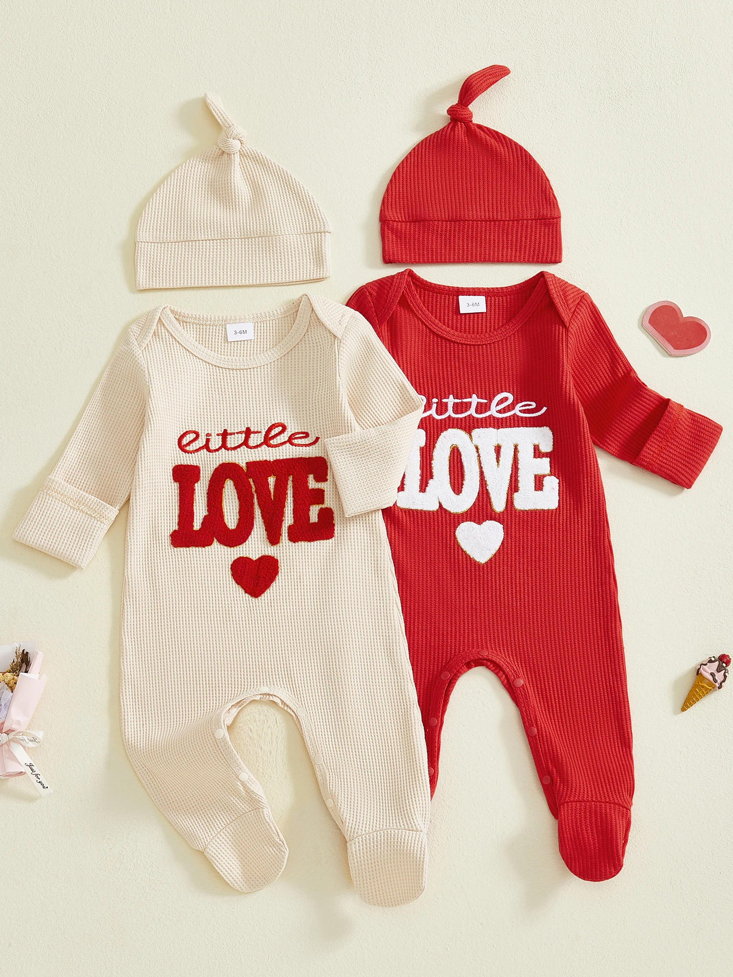 

Valentine s Day Baby Romper Set with Heart Embroidery Long Sleeve Jumpsuit and Matching Hat Newborn Outfit for Celebrating