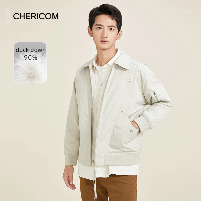 Chericom Men's Winter Flight Jacket Short Light Thin Casual Down Coat 2024 New Flip Collar Fashion Workwear Warm Jacket 278546