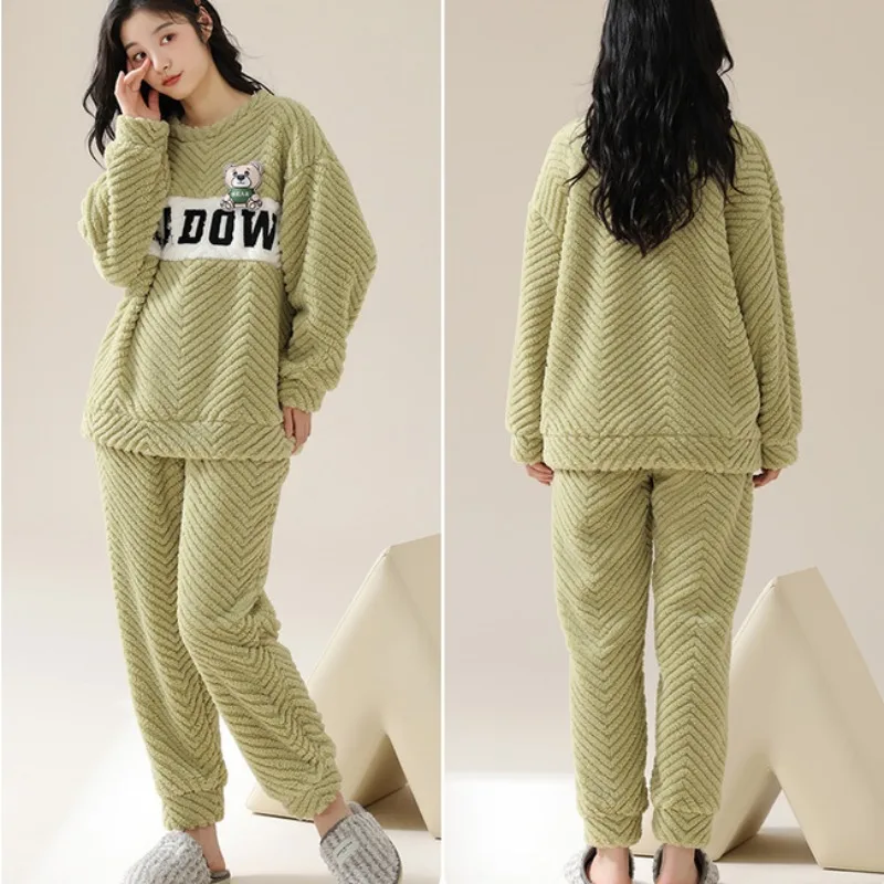 2024 New Coral Velvet Pajama Women Autumn Winter Thickened Plush Sleepwear Student Winter Flannel Warm Round Collar Homewear Set
