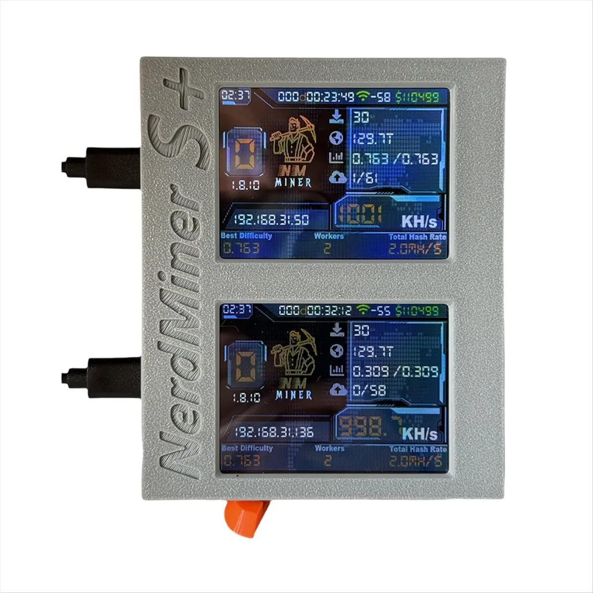 Nerdminer S + Solo Miner شاشات مزدوجة 2X1060KH/S تعدين/وقت/سعر العملة عرض BTC Crypto Miner + حامل ثلاثي الأبعاد