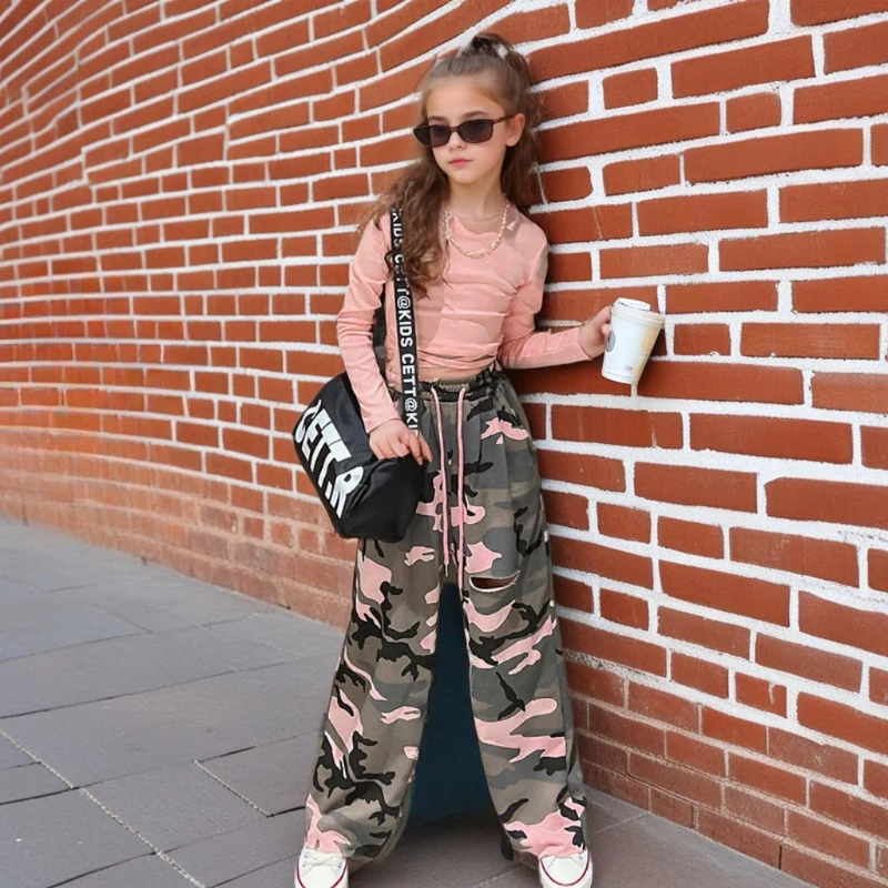 Dziewczęcy zestaw Slim Tops Camouflage Pants Dance Two Piece Autumn Teen Kids Group Dance Performance Kostium 12, 13, 14 Y Dziecięca odzież sportowa