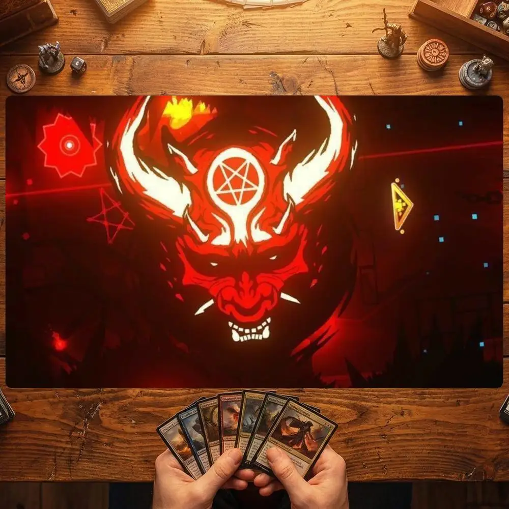 Red Demon Head Pentagram Dark Hell TCG Playmat 35X60CM Magic Card Battle Mat Non-Slip Durable Stitched Edge Tabletop Playmat