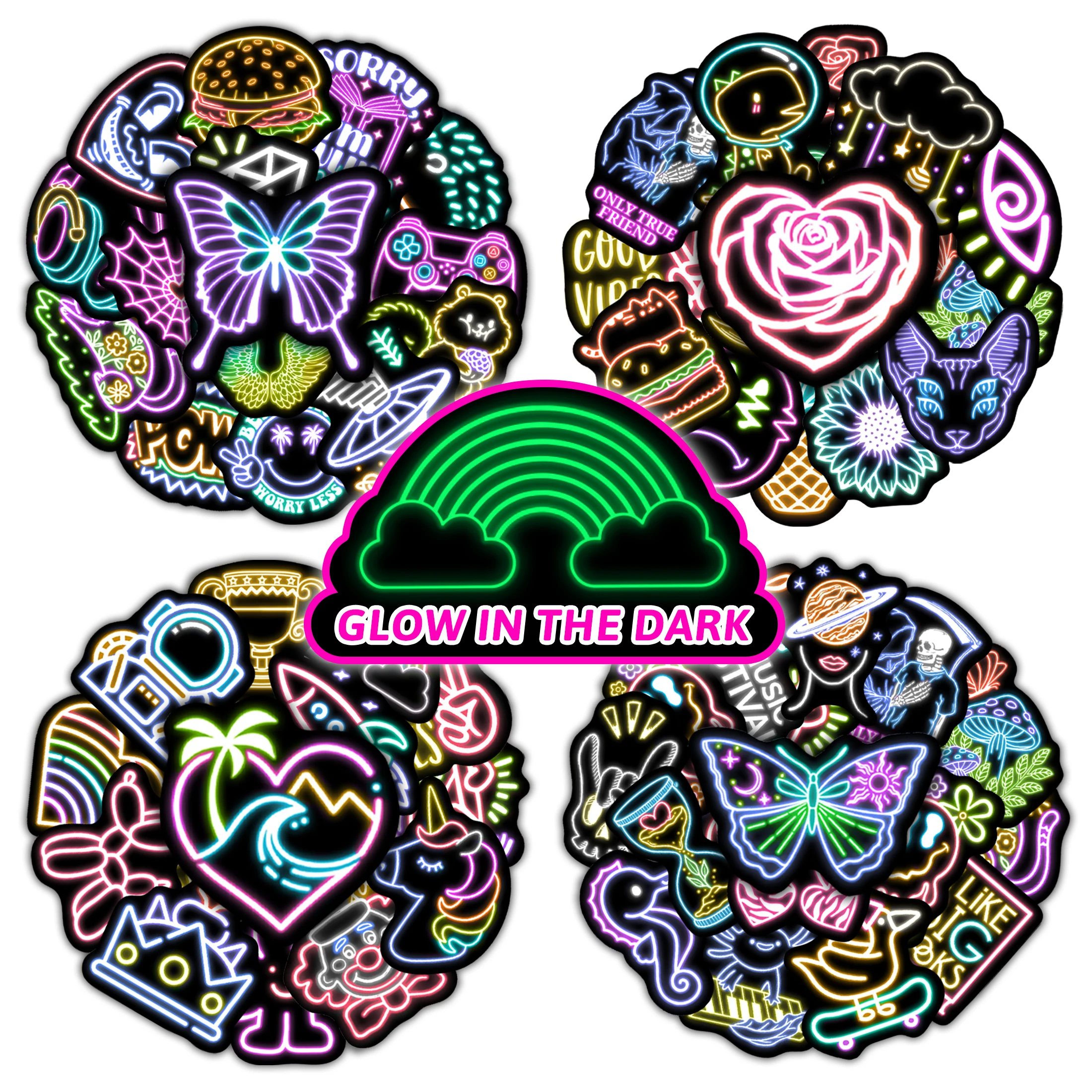 

50pcs Personalized Neon Glow in the Dark Stickers Flower Butterfly Waterproof Decals Bottles Skateboard Decoration for Kids Gift