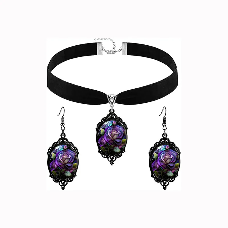 

Rose Flower Collection Time Gemstone Earrings Necklace Set Gothic Dark Style Jewelry niche style suitable for romantic gifts