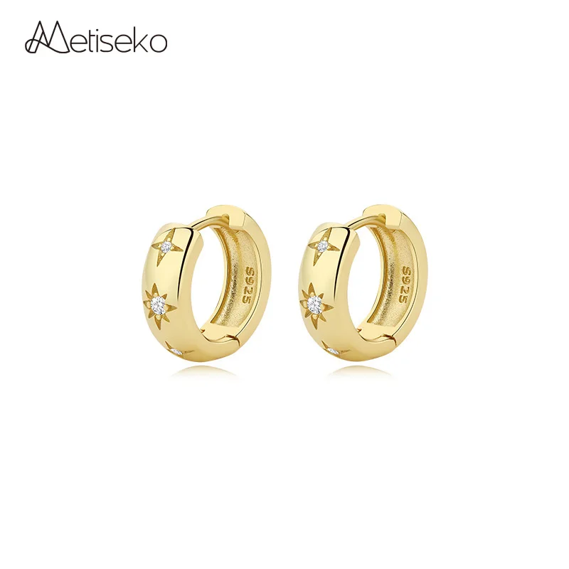 

Metiseko 925 Sterling Silver Shiny Star Hoop Earrings Plated 14K Gold Cubic Zirconia Clip Earrings Simple Fine Jewelry for Women