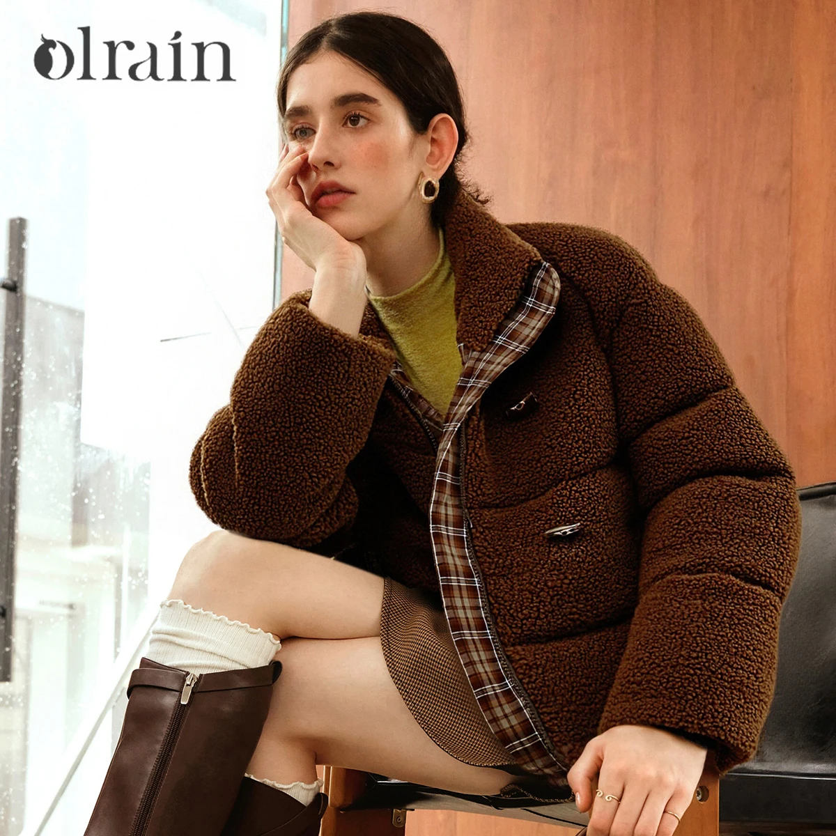 OLrain Winter Women Fleece Down Coat 2026 Office Commute Elegant Coffee Plaid Spliced Warm Outerwear Woman Clothes GO57DY000815