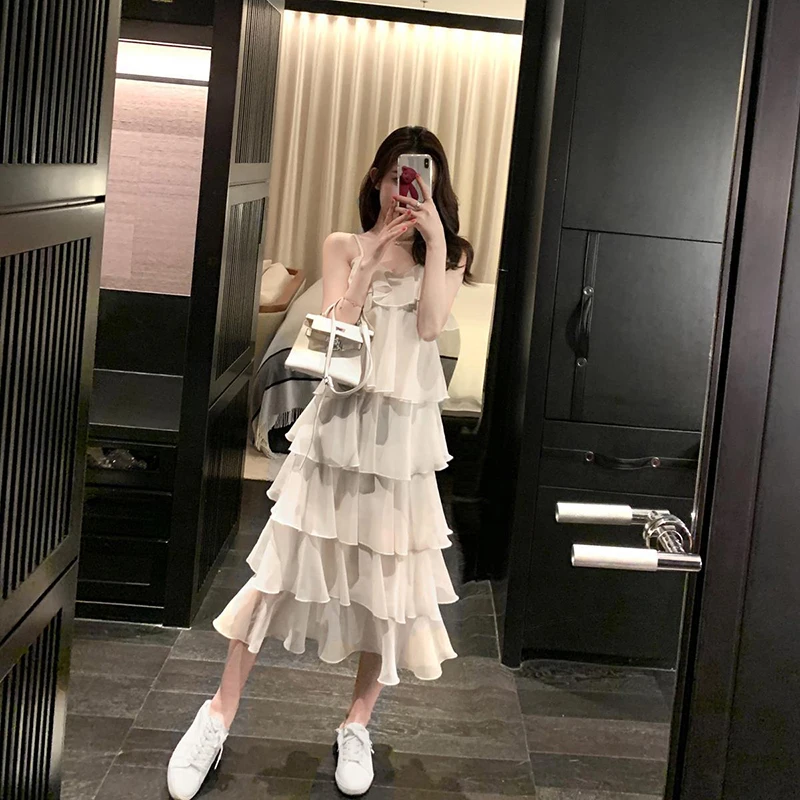 Fashion V-Neck Sleeveless Spliced Ruffles Slip Dress Women\'s Clothing 2024 Summer New Loose Solid Color Sweet Princess Dress