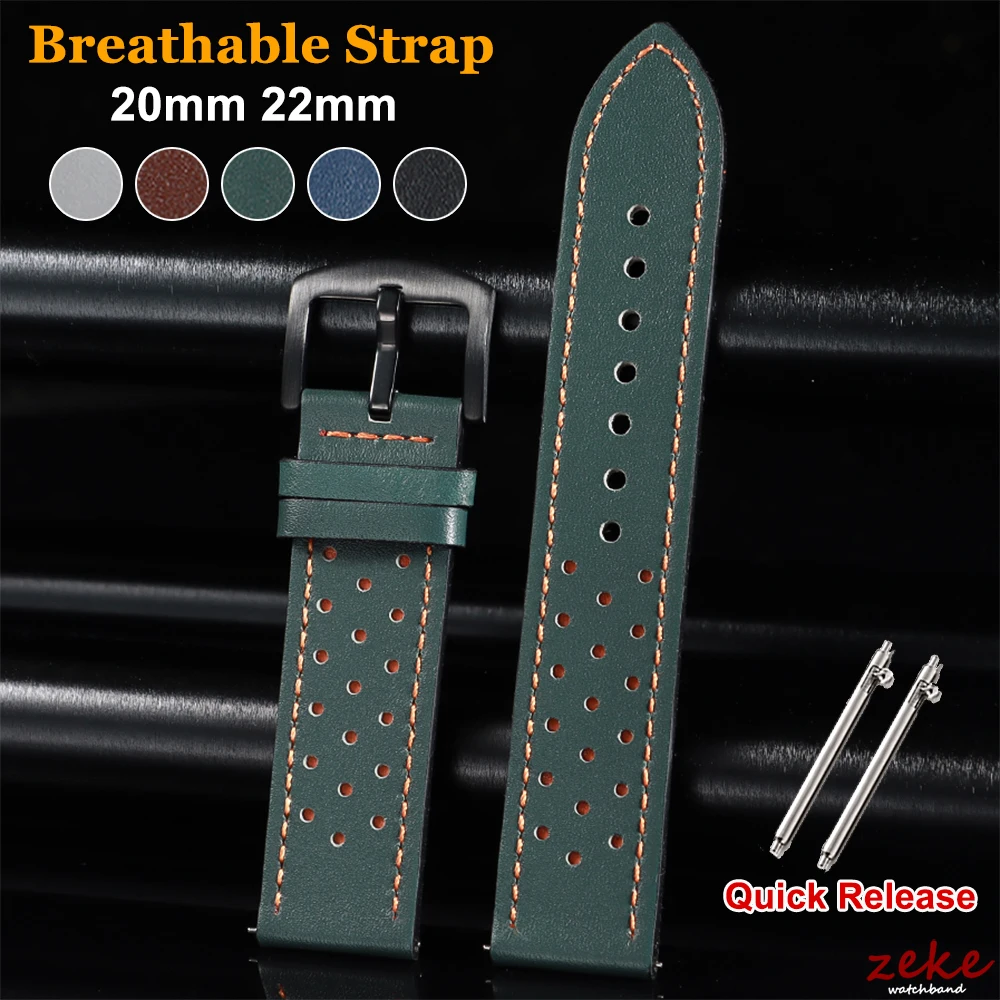 Vintage Handmade Watch Strap 20mm 22mm Quick Release Leather Strap Black Brown Breathable Porous Sport Watchband with Pin Buckle