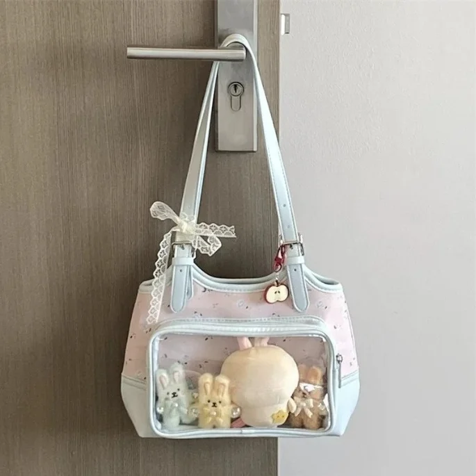 Sweet Transparent Ita Bags for Woman Bule Pink Floral Print Shoulder Bag Underarm Bolso Beautiful Sac Femme Practical Bolsos