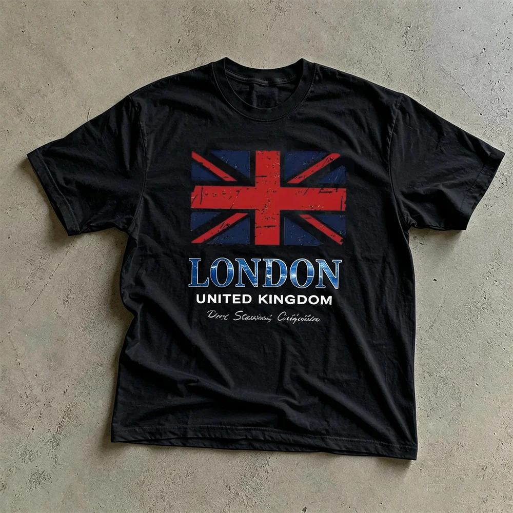 Union Jack Pattern (London, UK) Print T-Shirt Unisex Crew Neck Short-sleeved Overs Retro Street Y2K Casual Fashion Tops Clothing