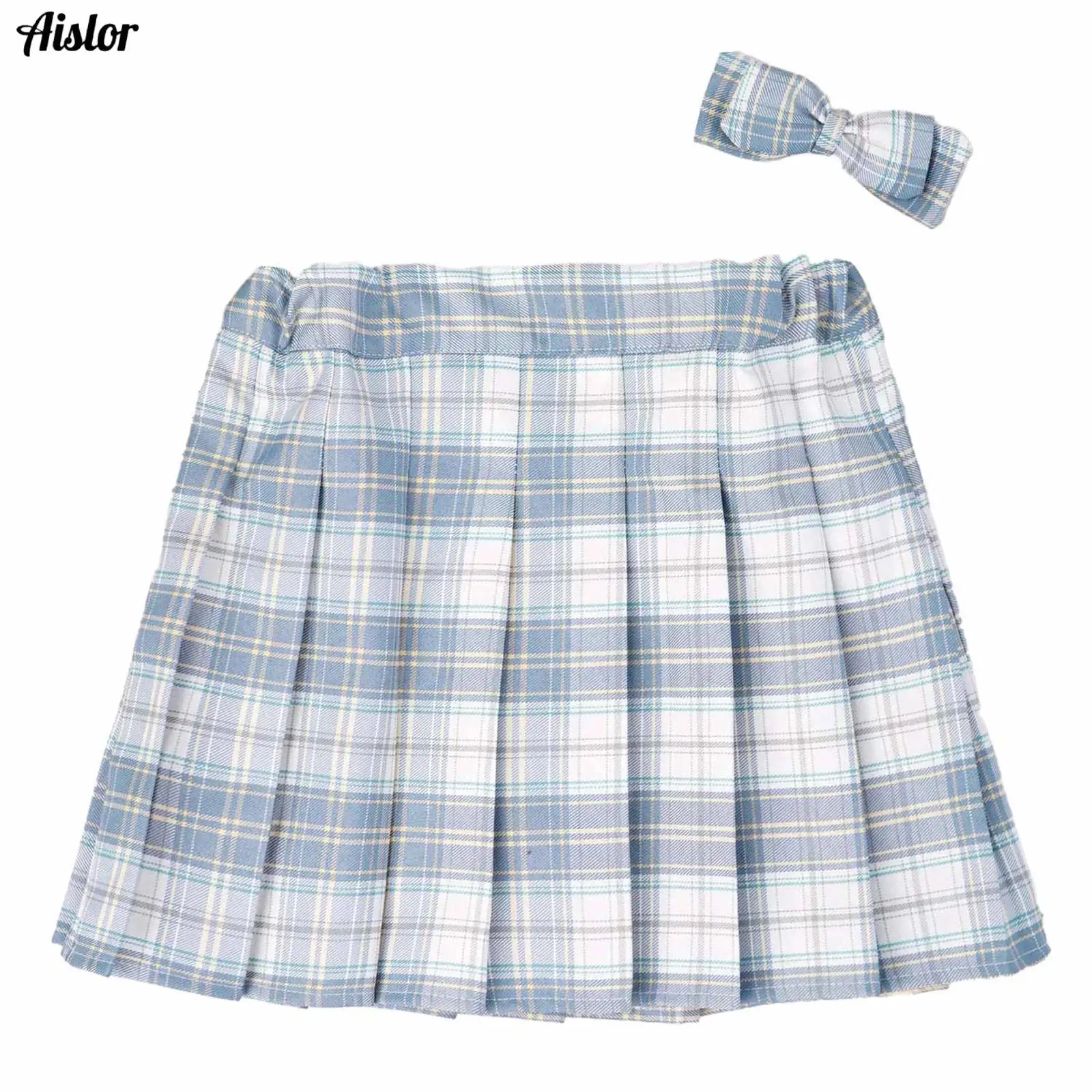 

Kids Girls Checkered Skirt School Uniform Cotton Elastic Waistband Built-in Shorts JK Pleated Plaid Skirt with Bow Tie 2Pcs