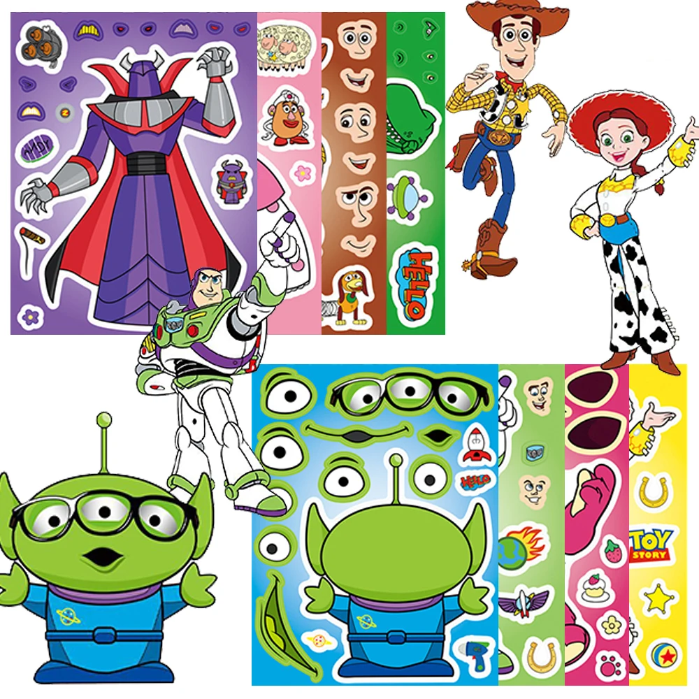 

8/16Ssheets Cute Anime Toy Story Puzzle Stickers Game Make a Face DIY Jigsaw Sticker Cartoon Decal Toy Party Decoration Supplies