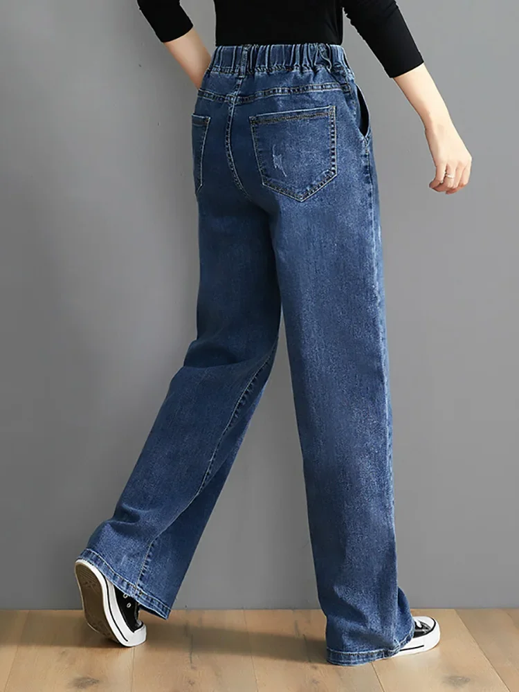 Oys 202 elástico de cintura alta mulheres calças jeans senhora do escritório coreano simples casual solto jeans feminino cor sólida vintage