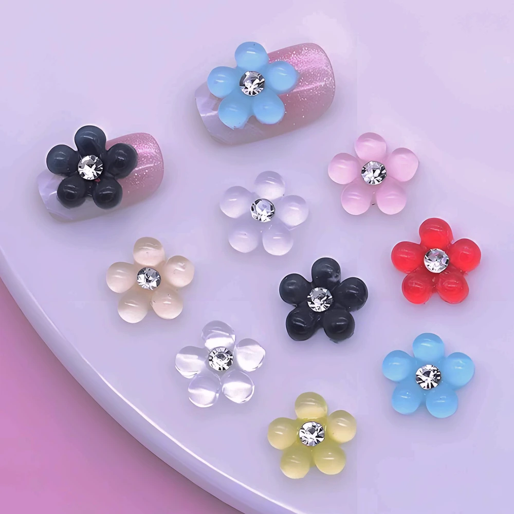 

40PCS Ice-clear 3D Acrylic Nail Five-petal Flower With Rhinestone Core Charms Accessories For Nails Decoration Manicure Supplies