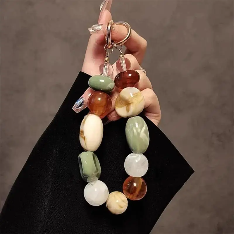 

Small Fresh Mixed Color Grid Irregular Stone Mobile Phone Wrist Chain Phone Case Lanyard Creative PLR Keychain Hanging Universal
