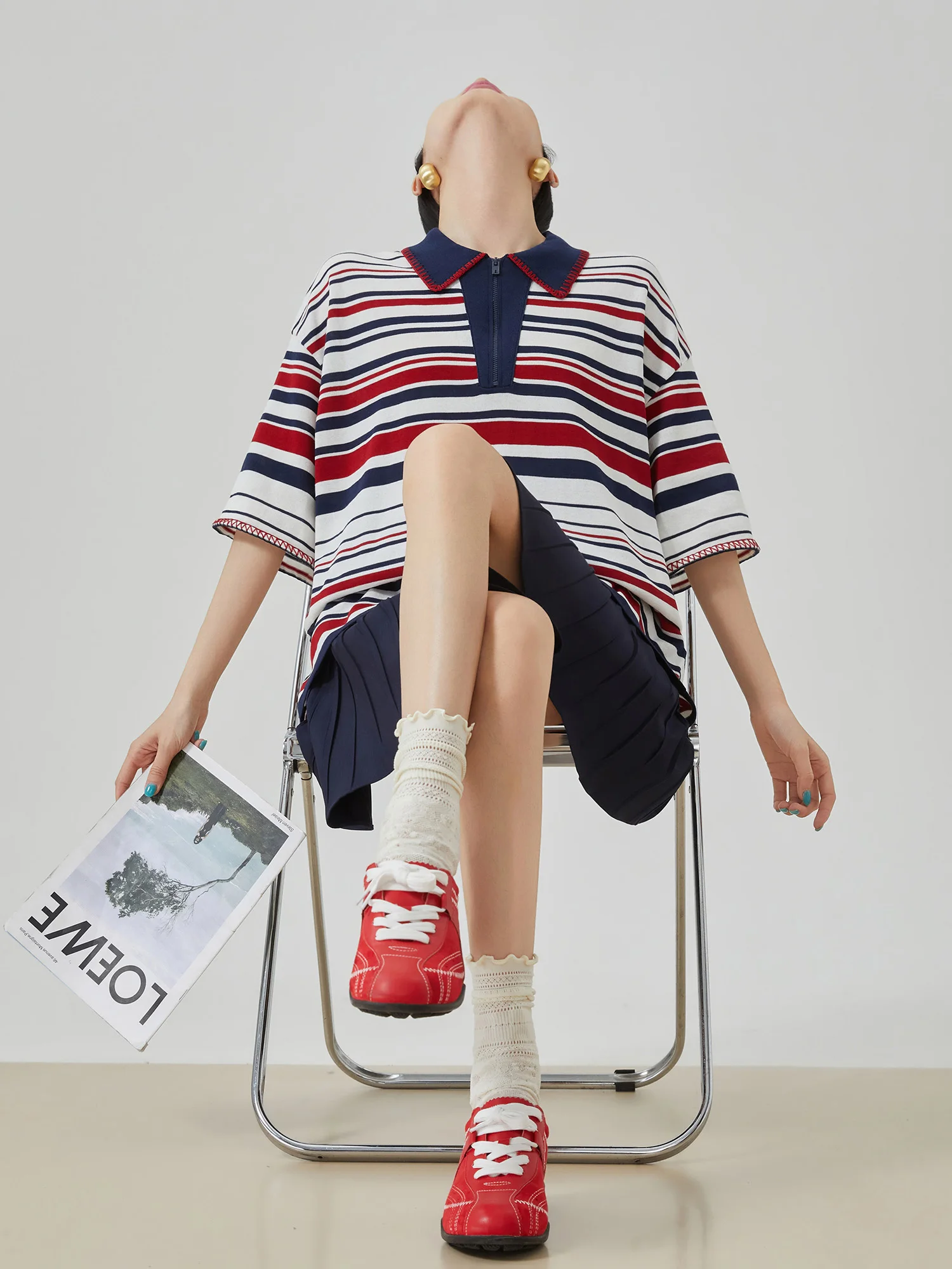 

Retro Striped Shirt Short Sleeve Loose Fit Casual Slimming Shoulder Drop T-Shirt for Women Summer Polyester Fiber