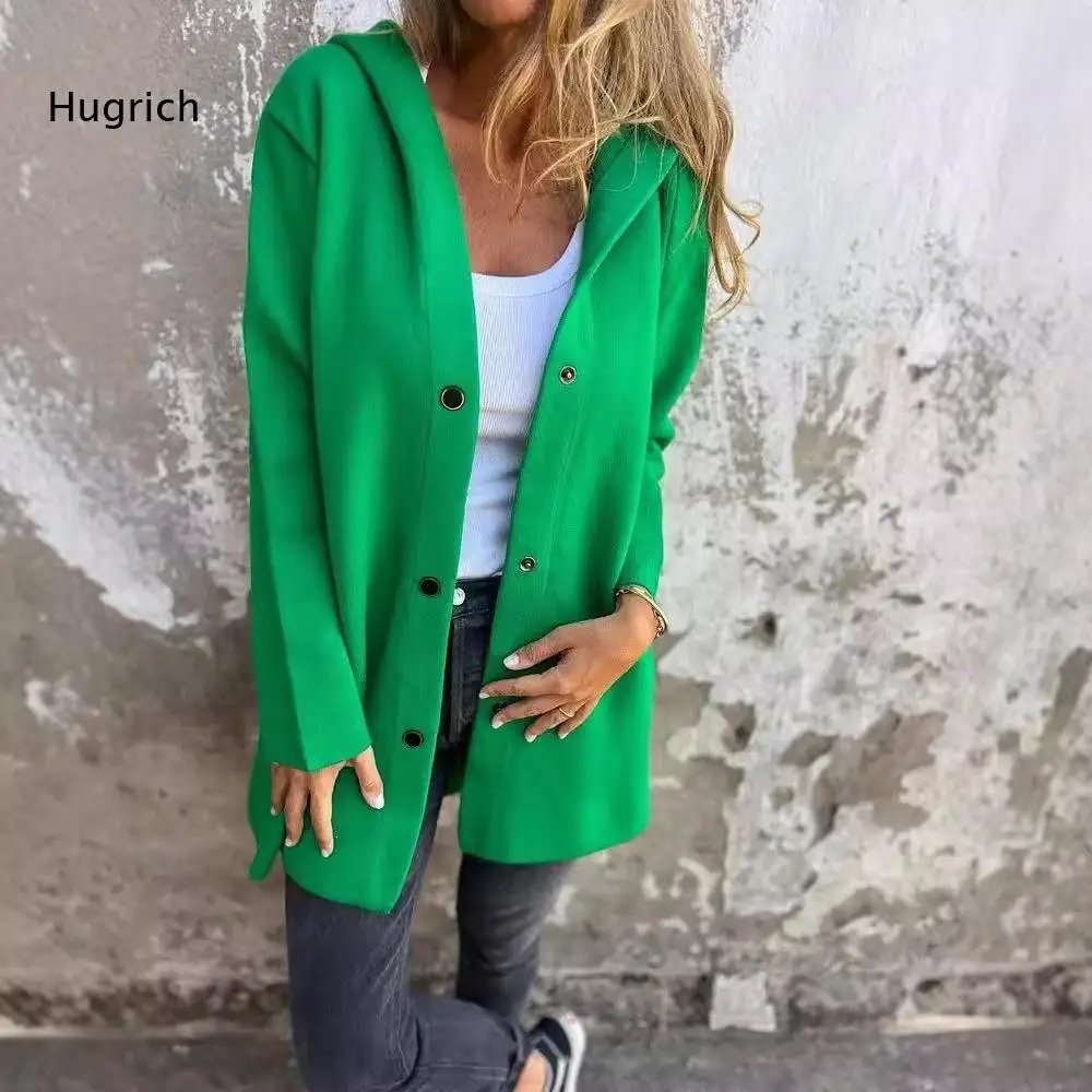 Casual Ladies Hooded Outer Coat Mid Length Snap Button Front Loose Wool Blend Jacket With Big Pockets Cold Season Wear