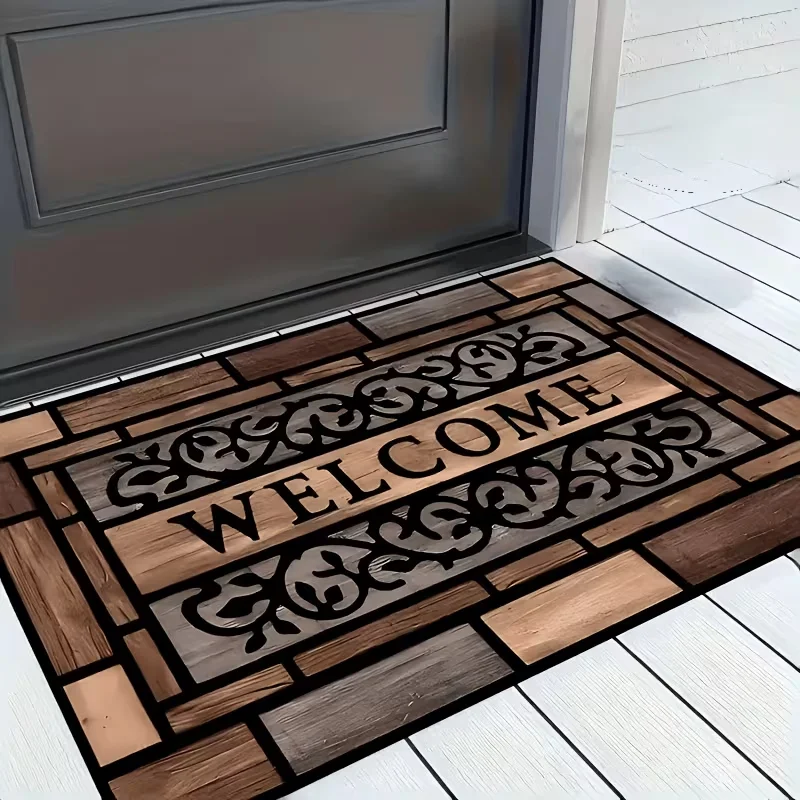 Vintage Plank Floral Carving Welcome Doormat Non Slip Front Door Mat Rustic Wooden Grain Ornate Pattern Entry Rug Home Decor