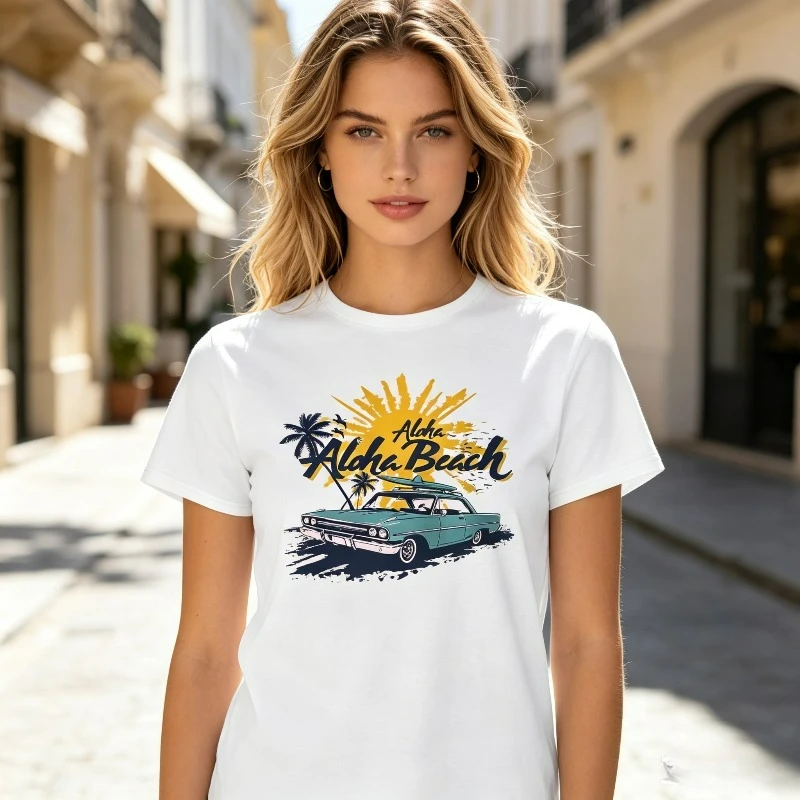 Women Streetwear T-Shirt Aloha Beach Print Vintage Car Palm Tree Casual Summer Street Tee