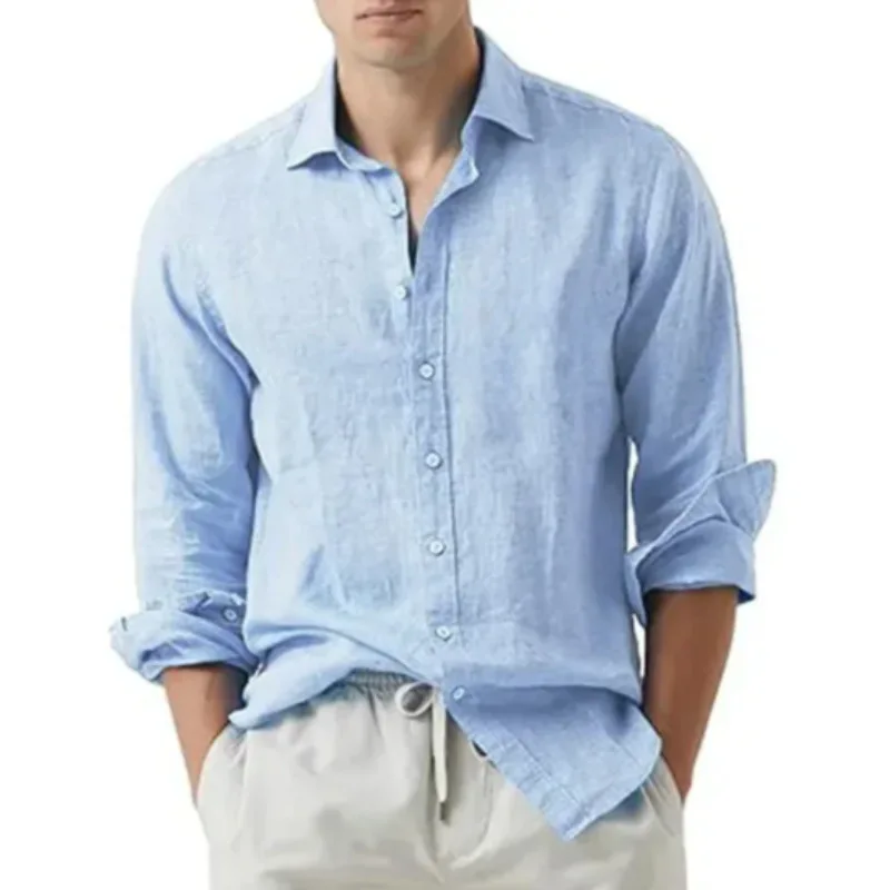 

Men's Cotton Linen Long Sleeve Shirt Solid Color Casual Button Down Breathable Lightweight for European & American Men M-4XL