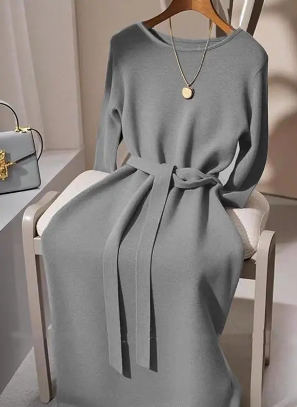 فستان خريفي أنيق بأكمام طويلة وحزام للنساء، مزاج عصري وبسيط، فستان على شكل حرف A بقصة ضيقة #1